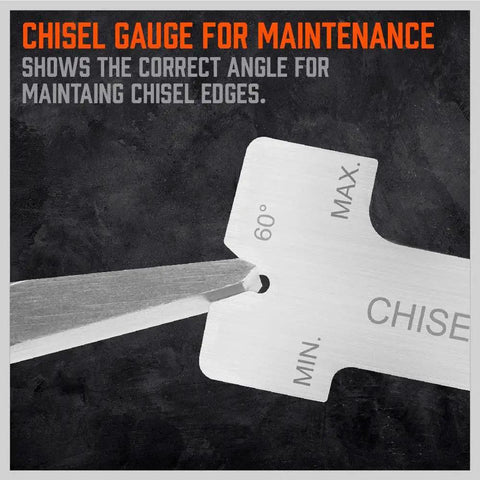 Close-up of chisel and gauge tool showing angles for sharpening, part of 16 Piece Punch And Chisel Set With Taper Punch Cold Chisels Pin Punch Center Punch Heat Treated Chromium Vanadium For High Hardness Includes Bolt Hole Alignment Ball Head Separation Unfolding Knuckle And Knockout Bolts And Pins set.