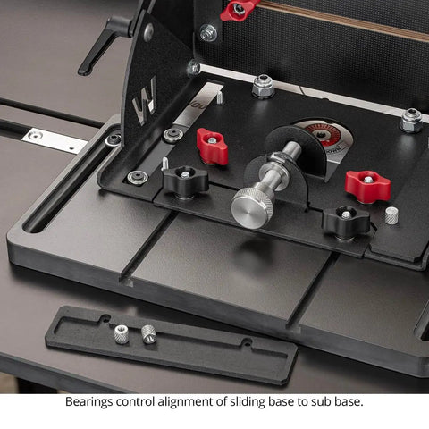 Close-up of Pro Grade Micro Adjustable Joinery Sled for Precise Box Joints, Miters and Angled Cuts, showing lead screw mechanism