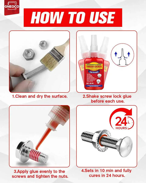 Instructions for using High Strength Red Thread Locker for Nuts and Bolts Permanent Bonding That Prevents Loosening From Vibration Ideal For Automotive Machinery And DIY Fasteners Two 50ml Bottles Of Red Anaerobic Glue with steps for application involving cleaning, applying, and setting.