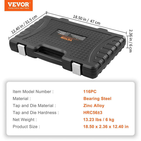 116 Piece Tap And Die Set For Metric And SAE Threads With Hardened Bearing Steel Taps And Dies Includes Full Accessories And Storage Case