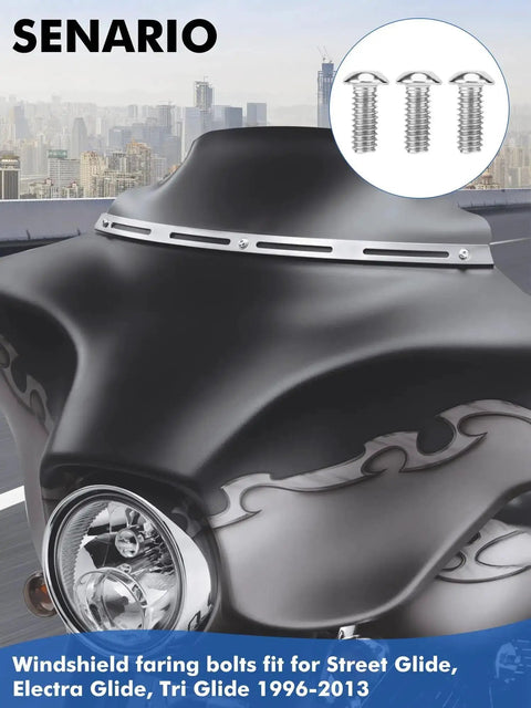 Close-up of Harley touring bike fairing with inset showing screws for Brass Batwing Thread Insert Repair Kit With Tool For Harley Touring Bikes 1996 To 2026 Electra Glide Street Glide Tri Glide 37 Piece Stainless Steel Fairing Bolt And Windshield Screw Set Pro Grade.