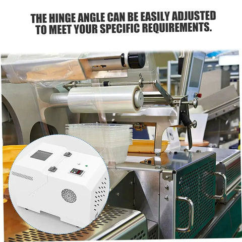 Industrial machinery with ULTECHNOVO hinge; text overlay: 'The hinge angle can be adjusted to meet requirements'