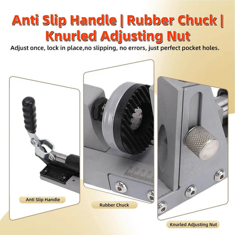 Close-up of Pocket Hole Jig Kit For Woodworking Projects One Sided Fifteen Degree Locator With Hardened Steel Bushing And Three Eighths Inch Drill Bit For Cabinet Assembly Garage Grade Furniture Repair DIY Shelves showing rubber chuck and adjusting nut
