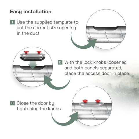 Vent Systems 4-inch round galvanized steel duct access door with EPDM gasket and red knobs; installation steps diagram.
