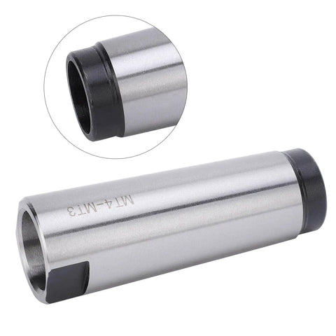 MT4 to MT3 taper drill sleeve reducing adapter, high-speed steel, quenched, silver body with black ends