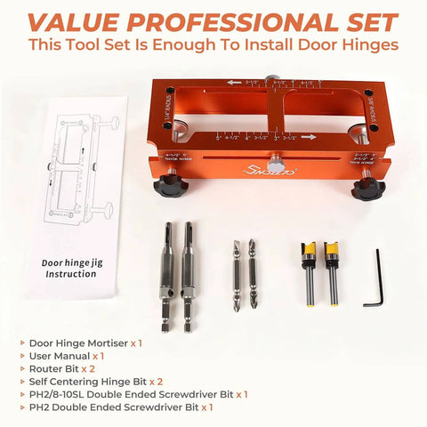 Metal Door Hinge Jig For Adjustable Router Template With 2.5 To 5 Inch Hinge Mortises and included tools displayed