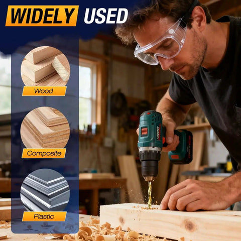 Man using Woodworking Pro 11-Piece Titanium Coated Countersink Drill Bit Set With Quarter Inch Hex Shank on wood surface in workshop