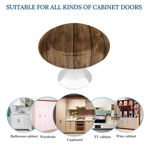Crystal Glass Round Cabinet Knobs With Stainless Steel Base, Teak Wood Plank Texture, shown for various cabinet types
