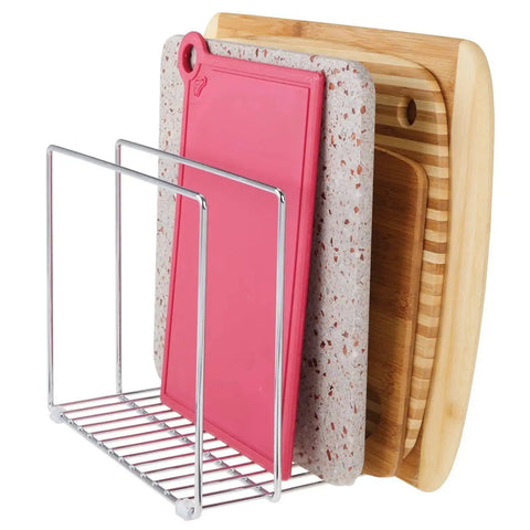 3 Slot Tray And Pan Rack For Kitchen Organization, metal wire pantry storage holding cutting boards, silver finish, space saving