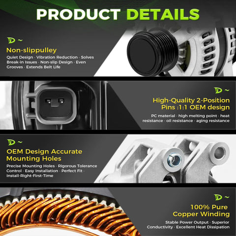 High Output 160 Amp Alternator Replacement For 2011 Through 2023 Dodge Charger Challenger Durango And Jeep Grand Cherokee With 3.6L V6 Engine OE 11572N Ready To Go showcasing detailed features like slip pulley, mount holes, copper winding.