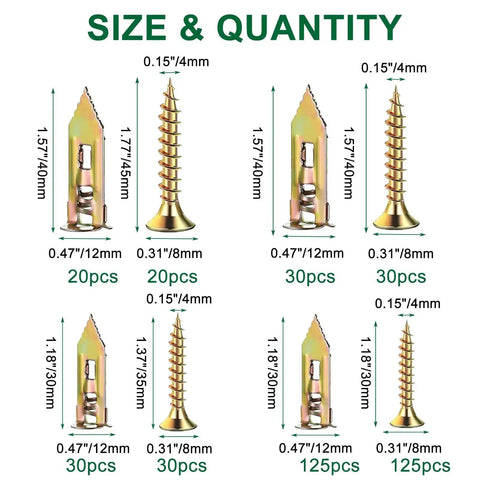 410 Pcs Self Drilling Drywall Anchors Kit With Two Anchor Sizes And Four Screw Sizes Including 155 Pcs 12x30 Mm Anchors, 50 Pcs 12x40 Mm Anchors, 205 Zinc Screws And A 50 Mm Cross Groove Drill Bit For Easy No Drill Wall Mounting size and quantity chart
