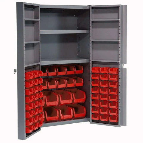 Open view of Deep Door Bin Cabinet With 68 Red Plastic Bins Padlockable Steel Cabinet For Tool And Parts Storage