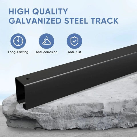 Close-up of black galvanized steel track from Exterior Barn Door Hardware Kit For Outdoor Use 14FT Sliding Barn Door Hardware Track Kit Heavy Duty For Double Doors Wall Mount Black Finish Galvanized Steel Rust Proof Outdoor Grade With 50000 Cycle Testing.
