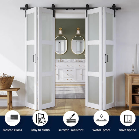 72 Inch By 84 Inch Bifold Barn Door With Frosted Glass Hardware Kit Included Pre Drilled Holes No Fuss Easy Assembly in a room