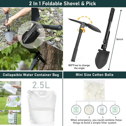 Collage showing 2-in-1 foldable shovel and pick, collapsible water container bag, and mini-size cotton balls for emergency kit.