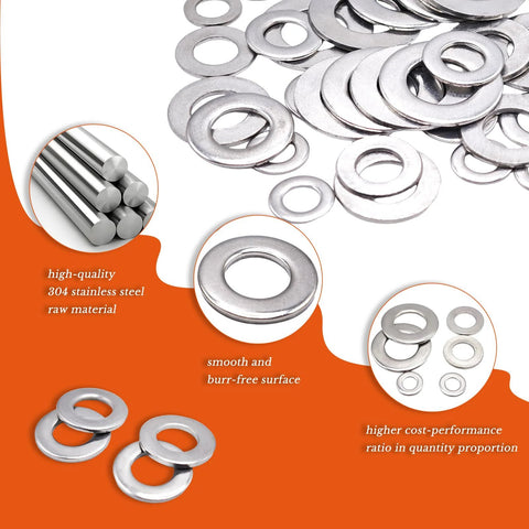 Flat washers, 304 stainless steel, shiny burr-free surface, scattered on white background