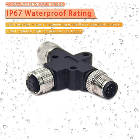 Rugged IP67 M12 5 Pin T Connector A Code Waterproof Field Wiring Adapter with three nickel-plated ports against water droplet background