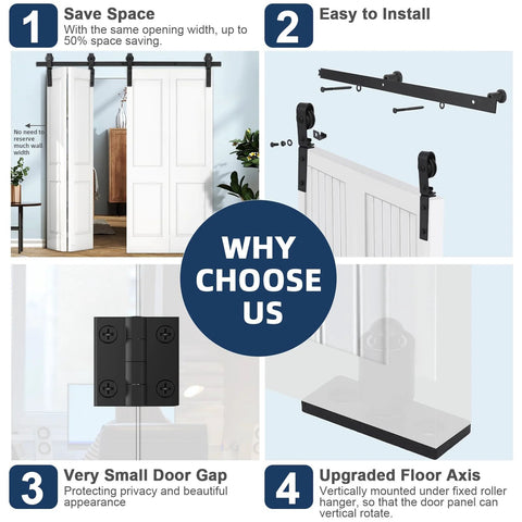 Infographic showcasing features of 60-Inch Barn Door Sliding Kit With Beefy Heavy Duty Black Track And Side Mounted Rollers, Smooth Quiet Glide, Easy Install, Up To 400 Lbs Capacity, Bifold Door Hardware For Four Doors, Durable Quarter Inch Steel, Door Not Included