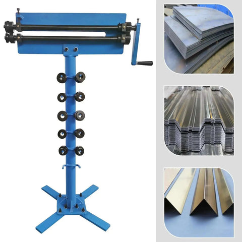 Pro Grade Manual Bead Roller With Six Dies Set For Sheet Metal Fabrication, handles 1/16 to 1/4 inch step, on display with metal sheets.
