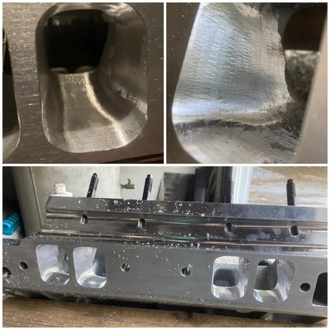 Close-up of cylinder heads and exhaust manifolds prepared with Long Carbide Burr Set for Die Grinder for metal shaping and deburring.