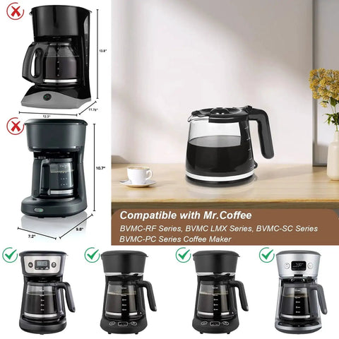Glass 12-cup replacement coffee carafe for Mr. Coffee, with black handle and lid, shown on a kitchen counter.