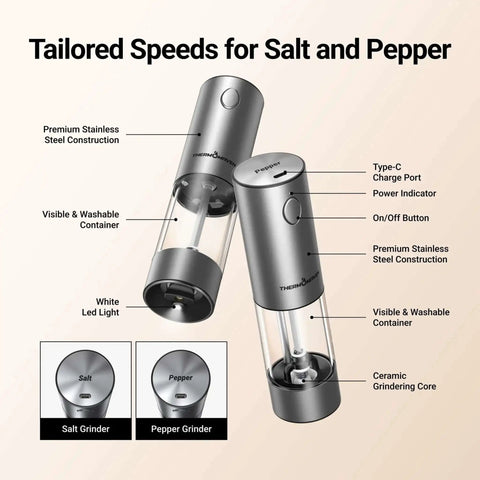 Upgraded Large Capacity Electric Salt And Pepper Grinder Set Game Changer 110ml Rechargeable With LED Light Stainless Steel Auto Pepper Mill featuring stainless steel construction and ceramic grinding core.