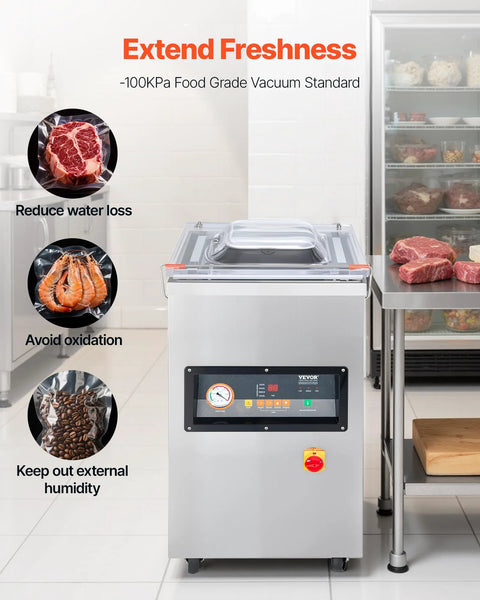 VEVOR chamber vacuum sealer in stainless steel with clear lid and LED screen for dry and wet food preservation