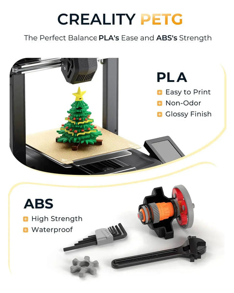 3D printer with PLA filament printing a Christmas tree and ABS components next to it, showcasing filament properties.