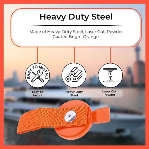 Orange surge brake lockout key with magnetic disc and heavy-duty strap for UFP boat trailer surge brakes (front view)