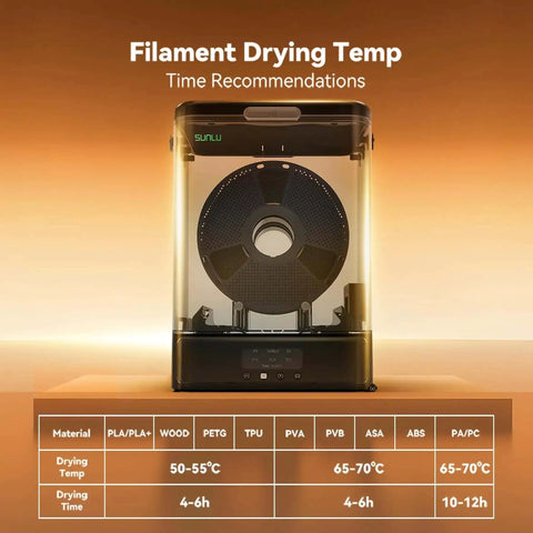 SP2 Filament Box Dryer With Rapid Heating To 70C, displayed in front of a drying temperature chart for different filaments.