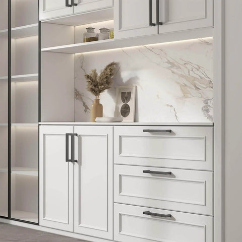 Image of 2 Pack Black Square Bar Cabinet Pulls With Slick Matte Finish For Kitchen And Bathroom Cabinets And Cupboards Center To Center 12.6in (320mm) Hollow Yet Durable Stainless Steel Hardware Easy Install Goldenwarm installed on white kitchen cabinets.