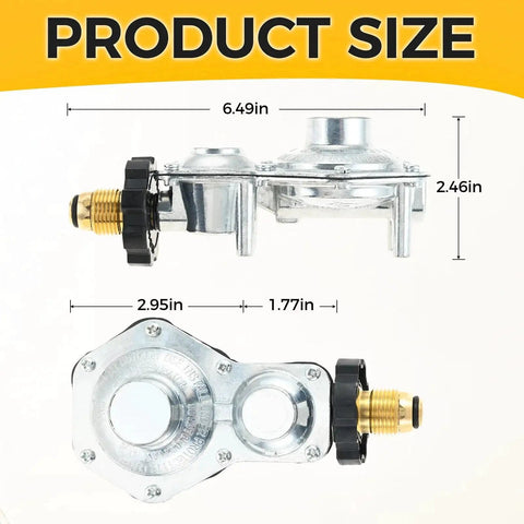 Dimensions of Two Stage Propane Regulator With Three Eighth Inch Female NPT And POL Connector for 100lb tanks shown