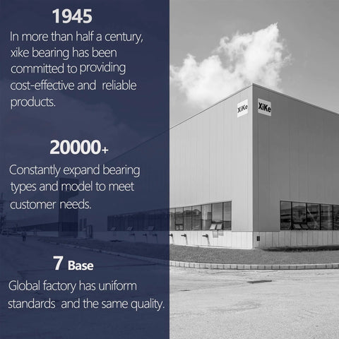 Xike bearing factory building with signs about company commitment and expansion milestones since 1945.