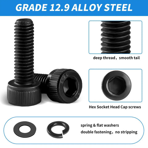 Close-up of Grade 12.9 Alloy Steel hex socket head cap screws, showcasing deep thread, smooth tail, washers, black zinc plating.