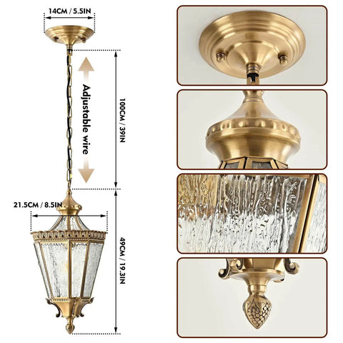 Copper Outdoor Pendant Light With Waterproof Anti Rust Finish, brass exterior hanging fixture, 19.3 inches high, multiple views