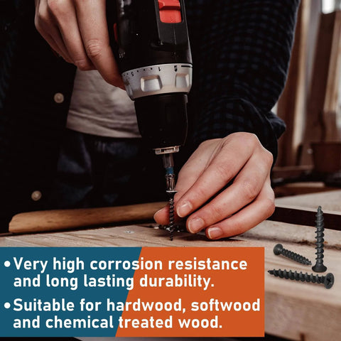 Person using No 10 1-1/2 Inch Collated Drywall Tapping Screws, 335-Piece Heavy-Duty Laminated Phosphate Coated for wood.