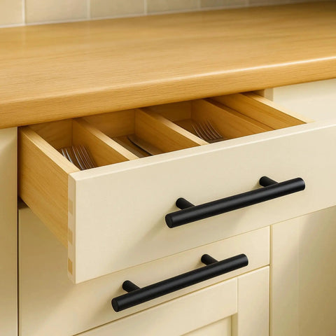 Installed Solid Brass Cabinet Pulls 4 Pack Matte Black Euro T Bar Handles With 5 Inch Hole Center on kitchen drawer