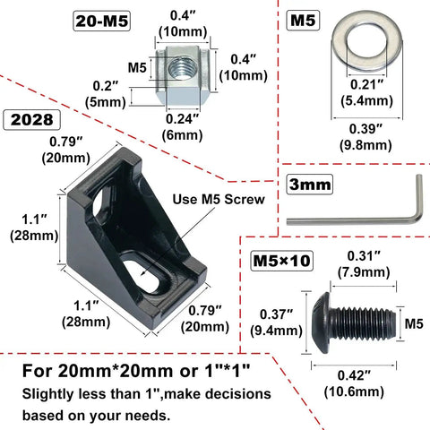 Diagram showing dimensions of 20 Corner Bracket Kit For 2020 Aluminum Extrusion Rails Includes 40 Hex Screws, 40 Slide Nuts, 40 Washers, And 2 Hex Wrenches.