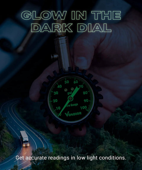 Vondior tire pressure gauge with a large 2-inch glow dial, 0–100 psi, held in hand for car and truck tires.