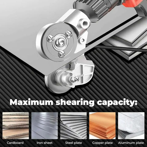 Drill Nibbler Attachment For Sheet Metal Cutting shown cutting various materials like cardboard, steel, copper, and aluminum.