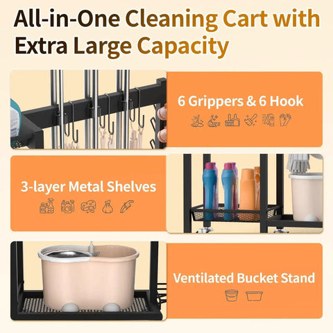 3 In 1 Cleaning Organizer Cart With Wheels And Vacuum Stand showing grippers, hooks, metal shelves, and ventilated bucket stand