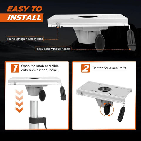 Boat seat pedestal mount with marine-grade aluminum base and 2-7/8 in post, fore-aft slide, locking seat clamp (Amazon)