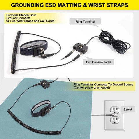 ESD Mat Anti Static Grounding Kit for Workstations Setup with plug adapter, snap kit, coil cord, and navy wristband, connected to outlet