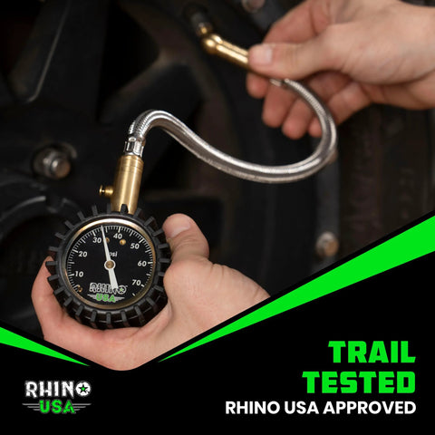 Rhino USA heavy-duty tire pressure gauge with braided stainless hose and brass fittings, 0-75 PSI, large 2-inch glow dial