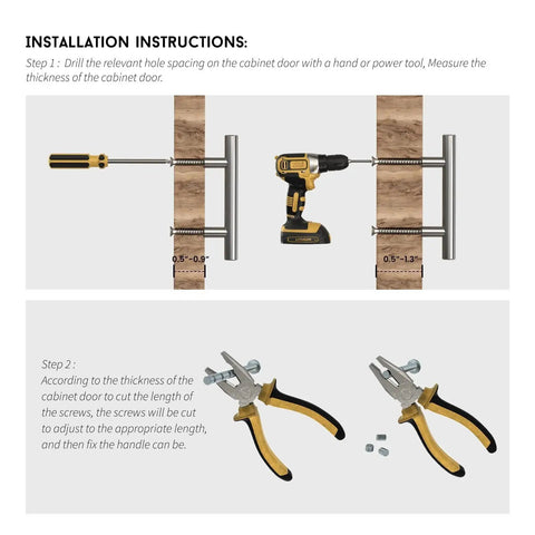 Installation guide for 10 Pack Black 5 Inch Center To Center Cabinet Handles Drawer Pulls Square Hardware with tools and measurements