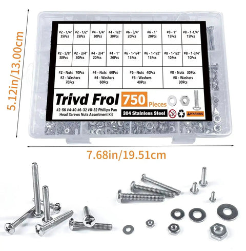 Top Notch 750 Piece Stainless Steel Fastener Set With Phillips Pan Head Screws Sizes 2-56 4-40 6-32 8-32, Plus Nuts And Flat Washers, 304 Stainless Steel Assortment Kit For Home Or Shop Projects in plastic case