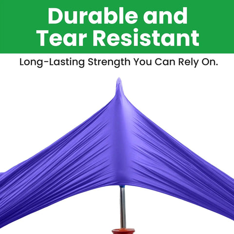 Blue material stretched over a pole with text 'Durable and Tear Resistant' illustrating product strength.