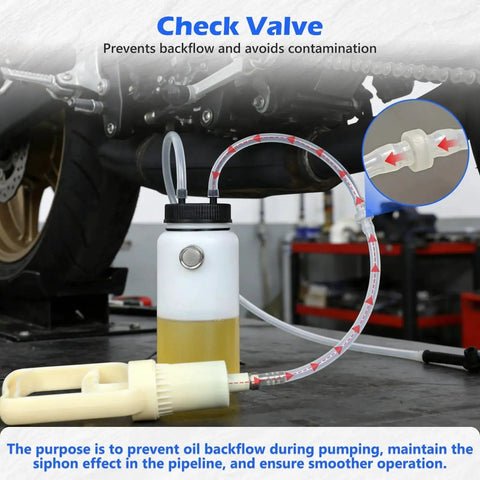 Installed BELEY brake bleeder kit for motorcycles; 1L bottle with clear hose and check valve.