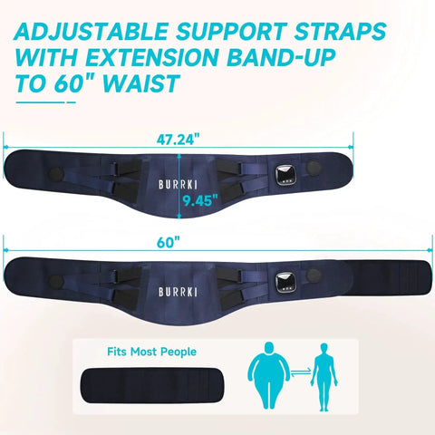 Cordless Back Relief Heating Pad With Built In Massager And Wearable Lumbar Support showing waist strap dimensions up to 60 inches