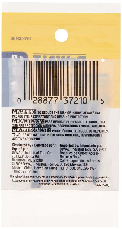 Back of packaging for DeWalt DW2024B6 Double Ended Phillips No 2 And Slotted No 8 Screwdriver Bits Set, showing barcode and safety warnings.